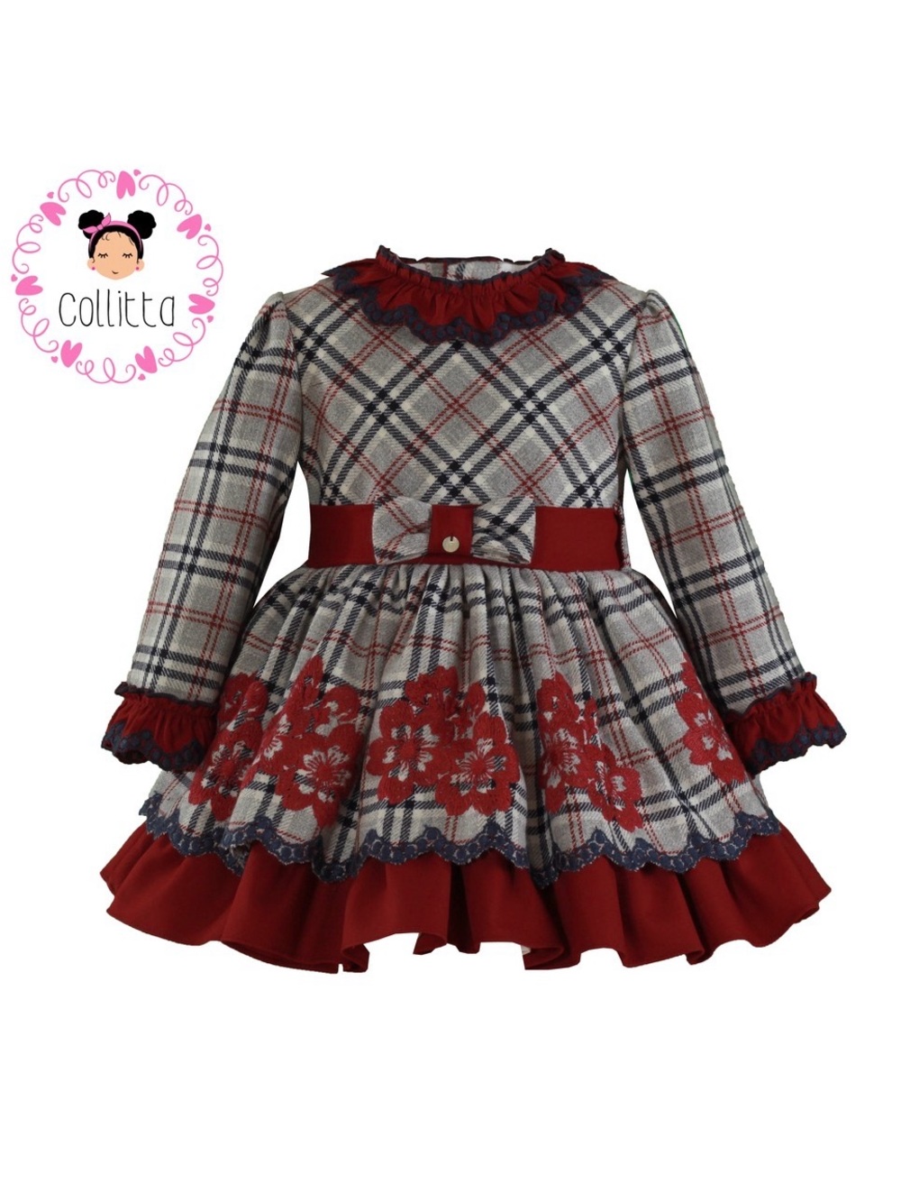 Collita Red Plaid Floral Trim Girls' Dress